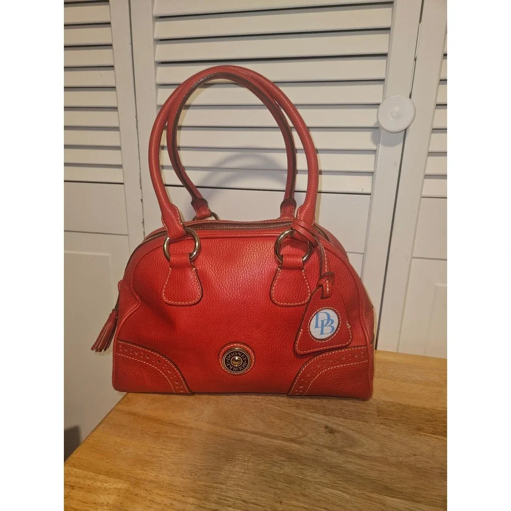 Dooney & Bourke Red Pebbled Leather Satchel Brogue Detail Dome Bag Gold Logo